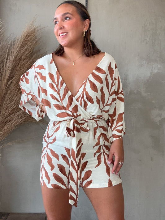 Ruth Mocha Leaf Printed Romper