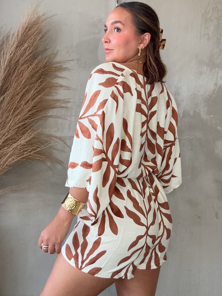 Ruth Mocha Leaf Printed Romper