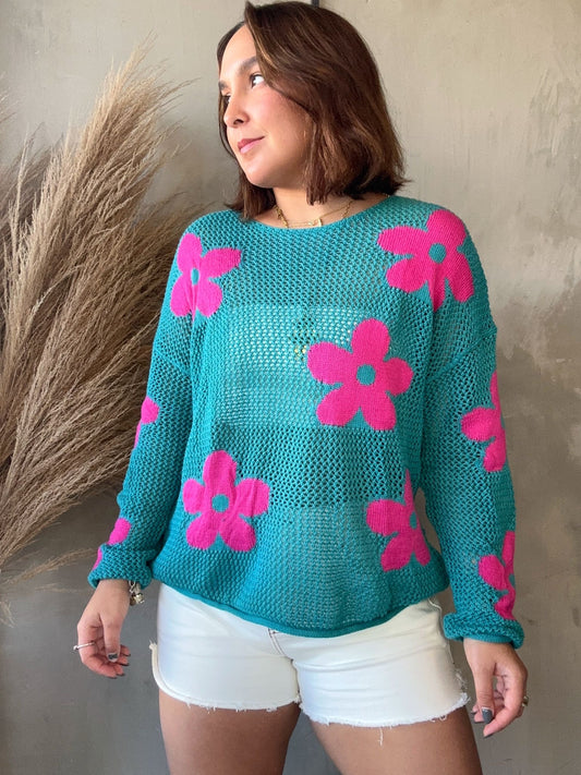 Becca Teal Crochet Sweater