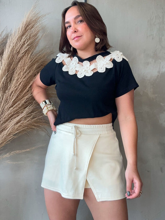 Yara Black Crochet Flowers Top