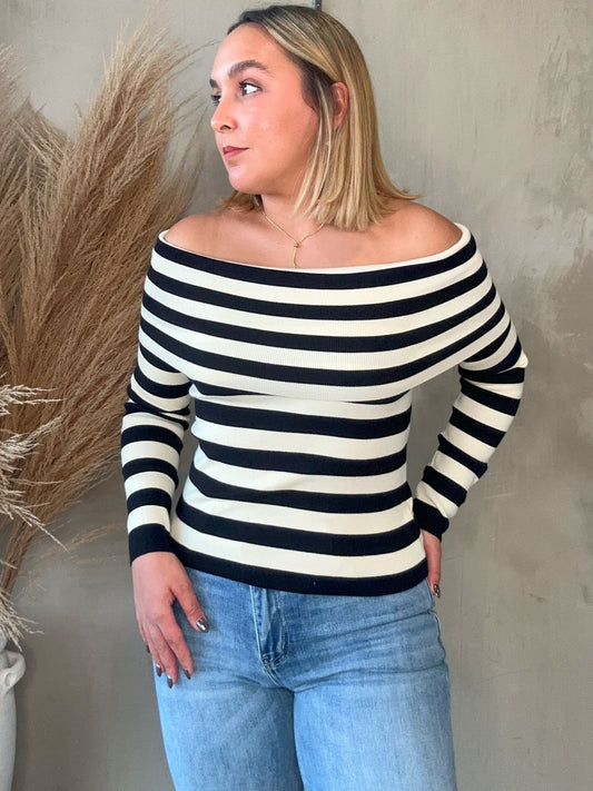 FINAL SALE - Bianca Black Striped Off Shoulder Top