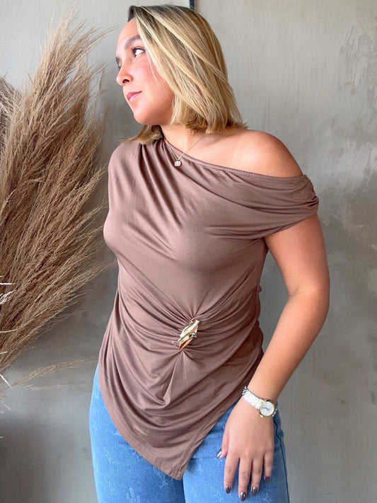 FINAL SALE - Lenni Mocha One Shoulder Top
