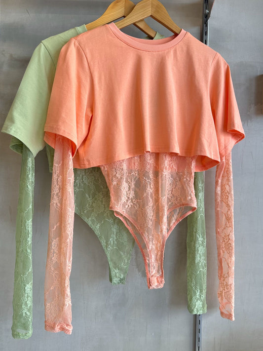 Sabrina Peach Lace Bodysuit & Tee