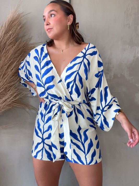 Ruth Blue Leaf Printed Romper