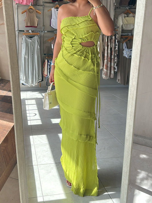 Martina Lime Pleated Dress