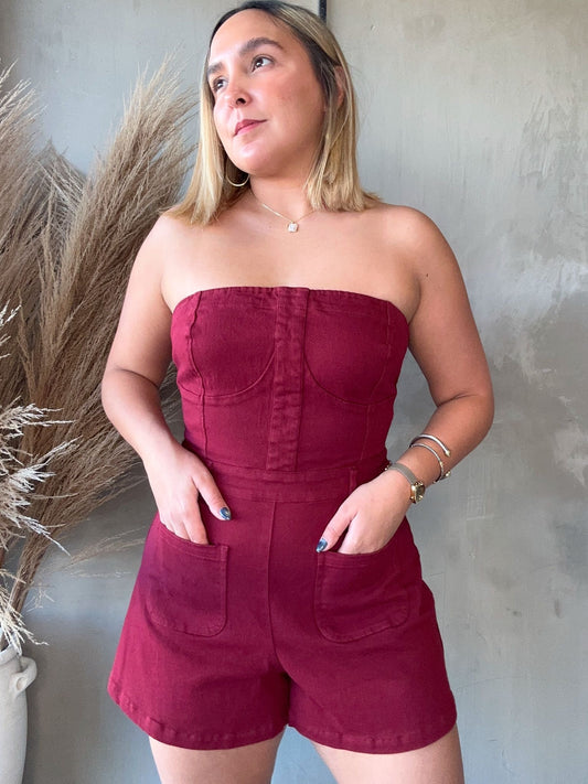 FINAL SALE - Wendy Wine Denim Romper
