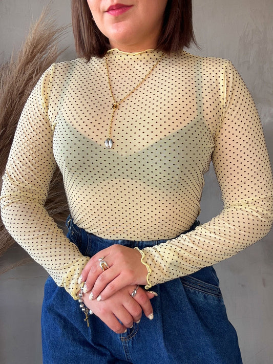 Eden Yellow Polka Dots Mesh Top