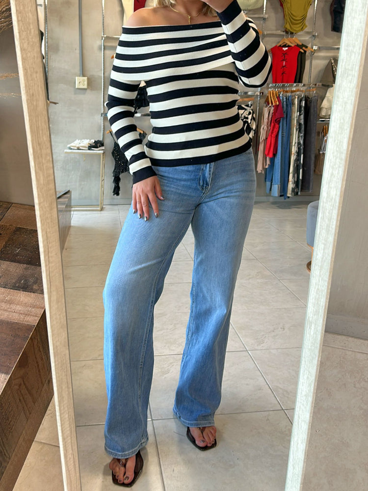FINAL SALE - Bianca Black Striped Off Shoulder Top