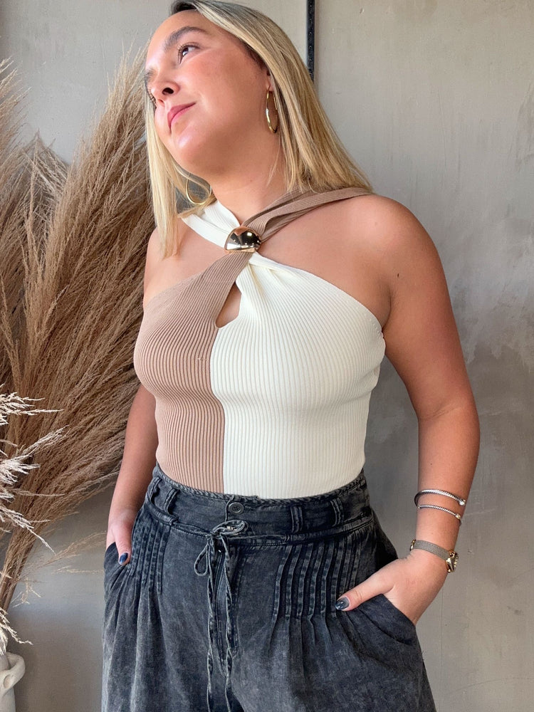 FINAL SALE - Beverly Taupe Contrast Top