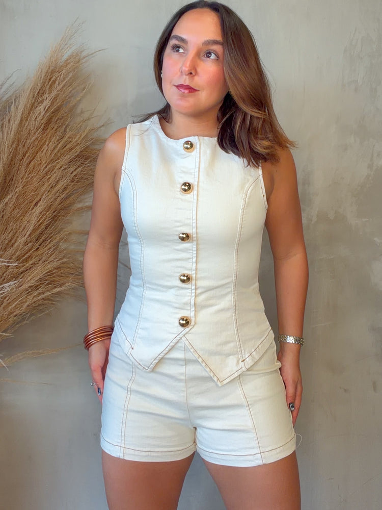 Nora Ivory Denim Romper