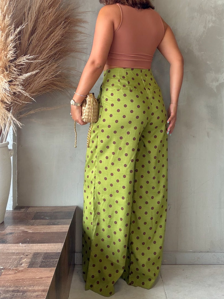 Siara Olive Polka Dots Pleated Pants
