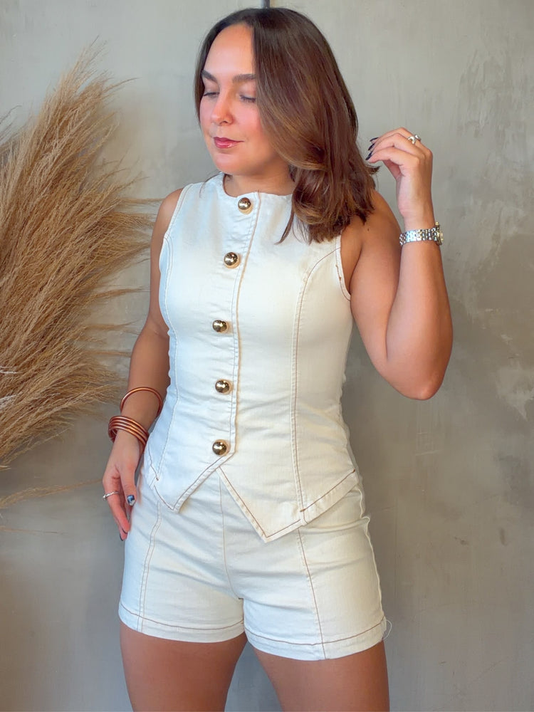 Nora Ivory Denim Romper