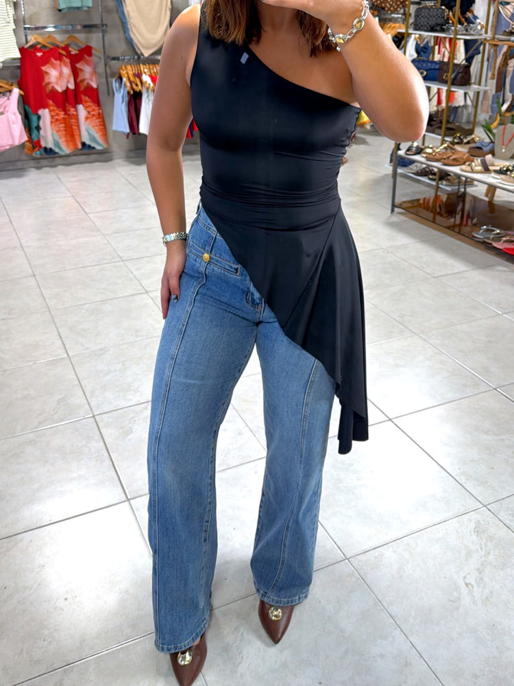 Coral Black One Shoulder Blouse