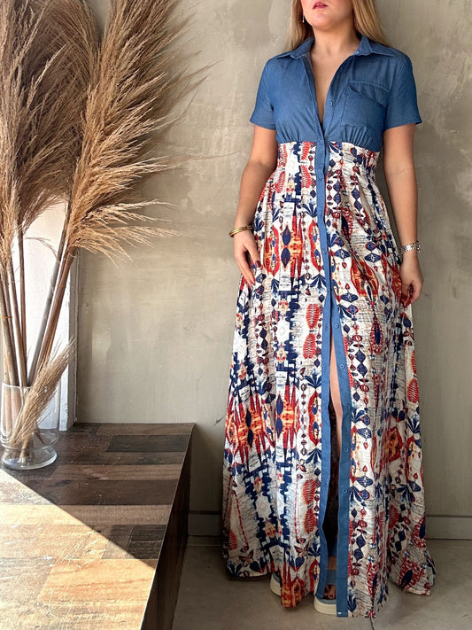 FINAL SALE - Denim Printed Maxi