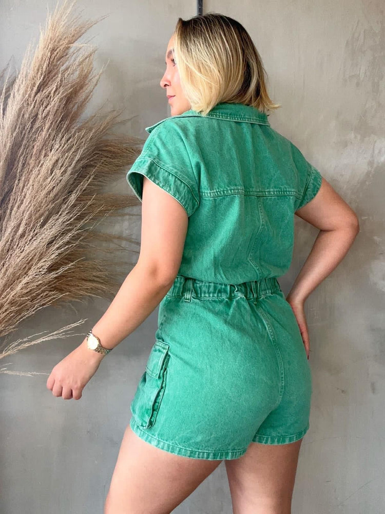 Green Denim Cargo Romper
