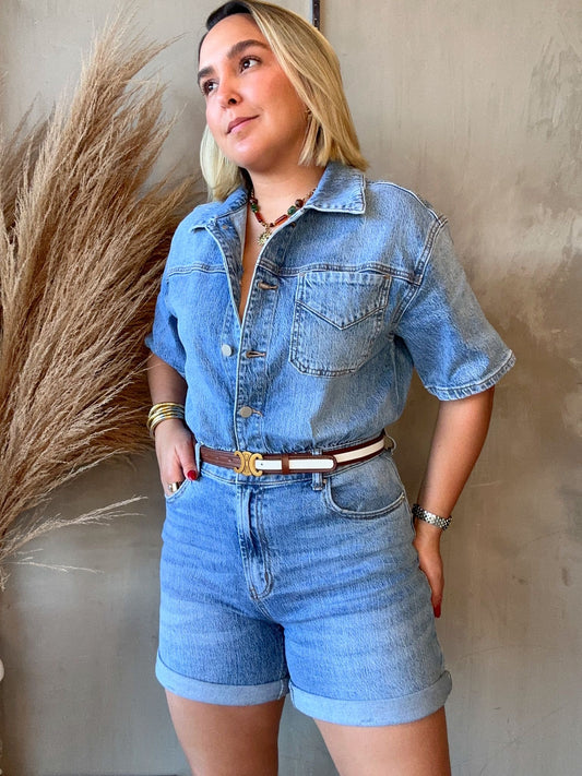 Agatha Belted Denim Romper
