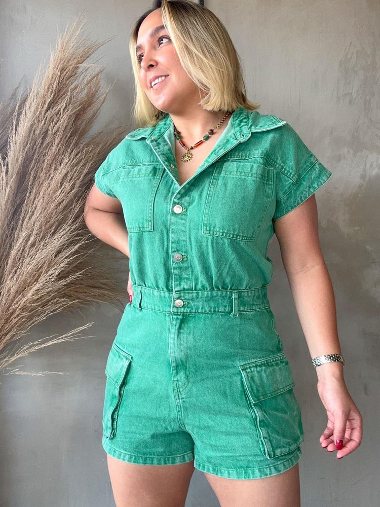 Green Denim Cargo Romper