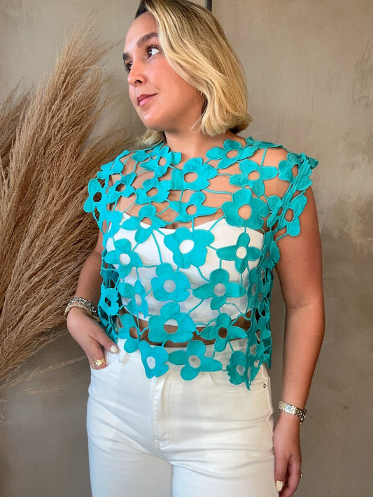 Indy Teal Floral Lace Top