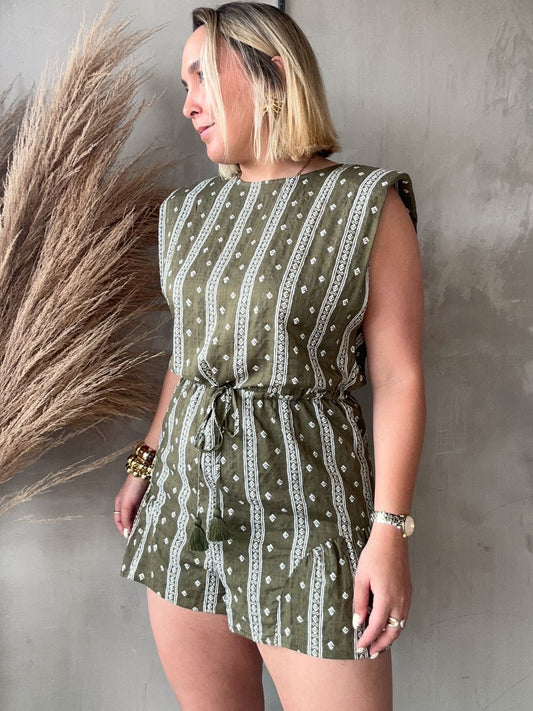 Olive Shoulder Pads Romper