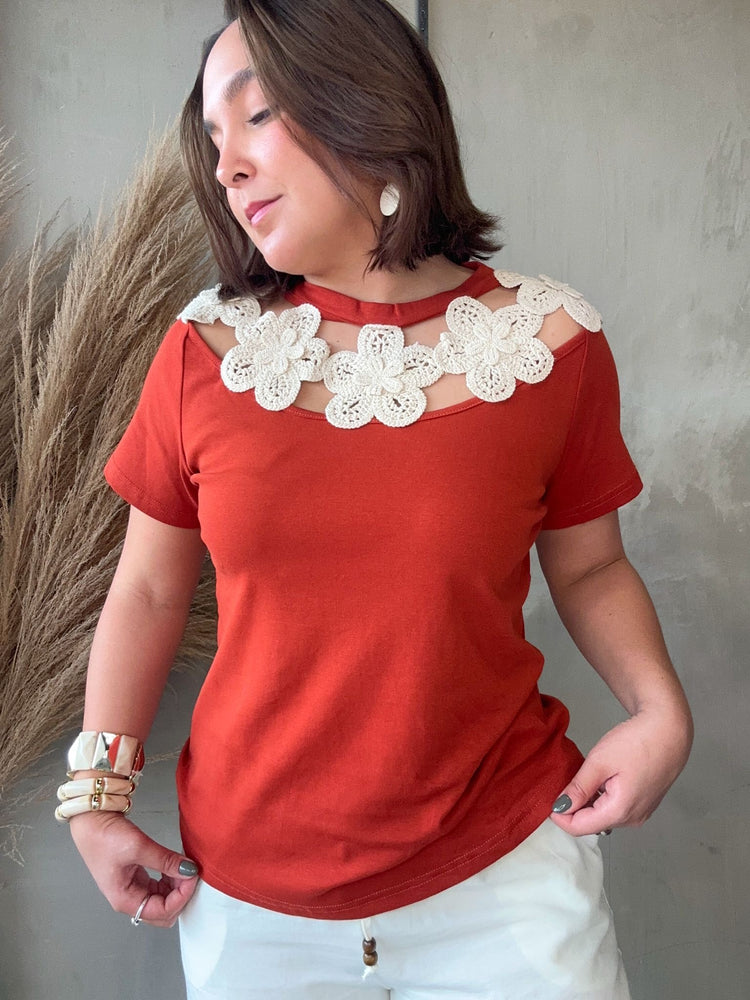 Yara Rust Crochet Flowers Tee
