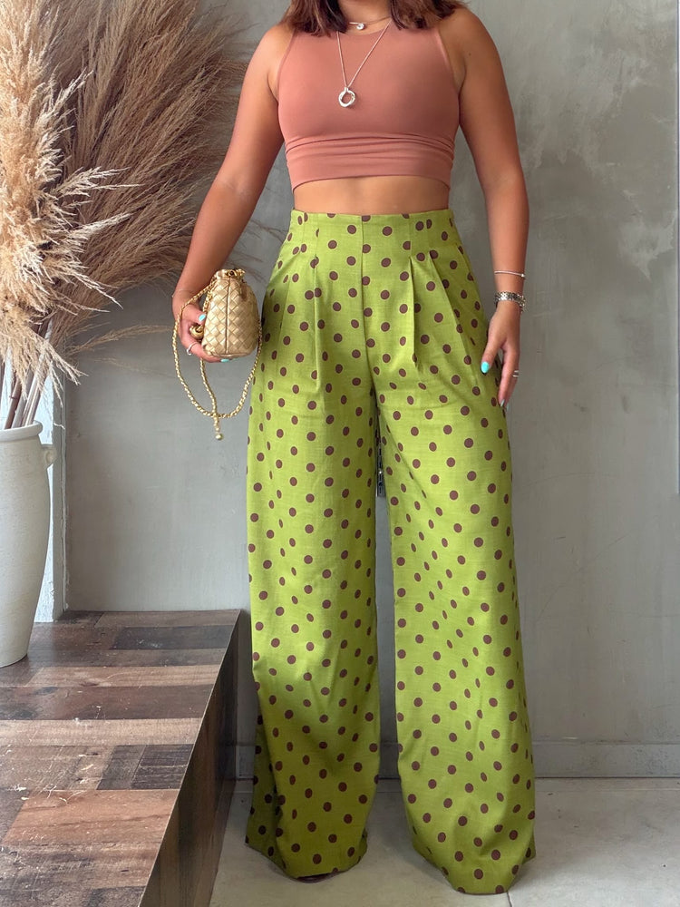Siara Olive Polka Dots Pleated Pants
