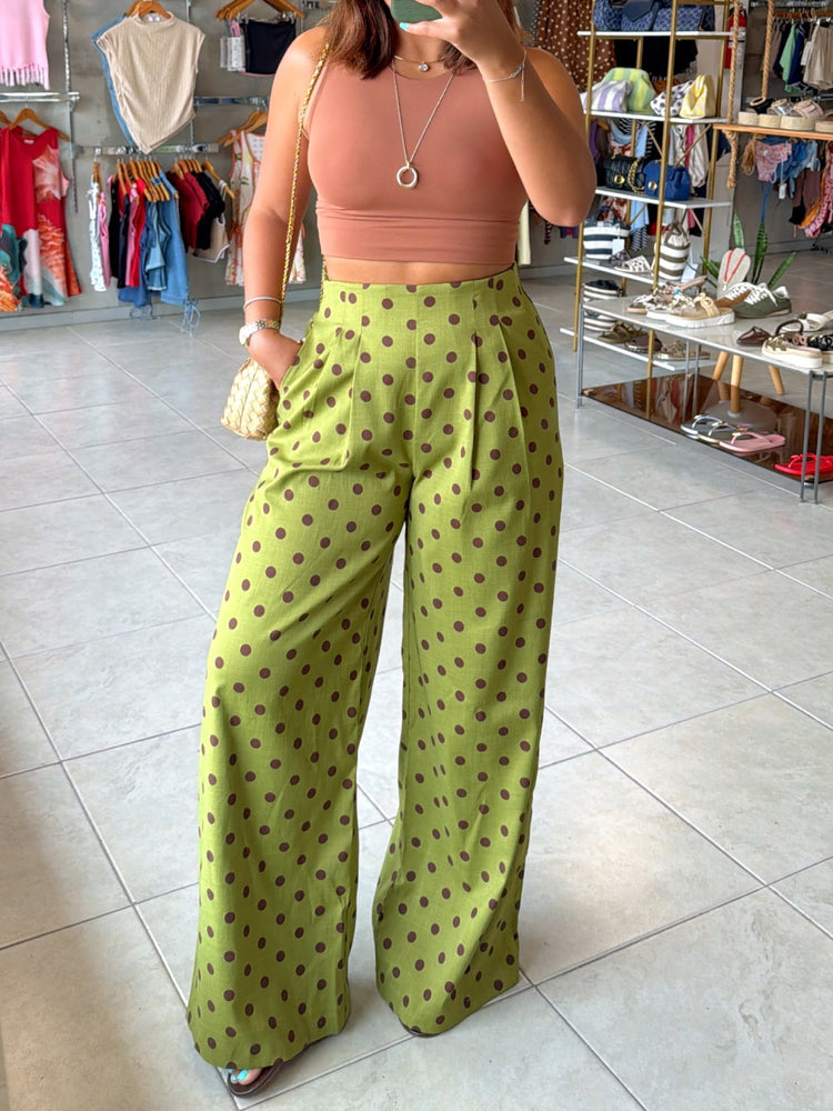 Siara Olive Polka Dots Pleated Pants