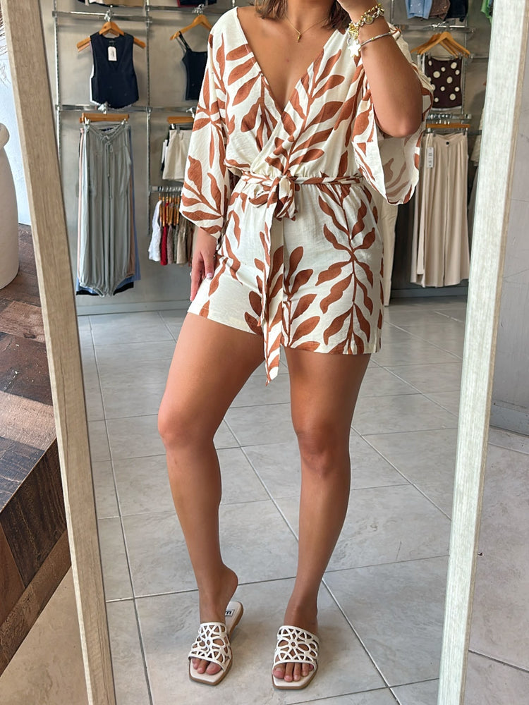 Ruth Mocha Leaf Printed Romper