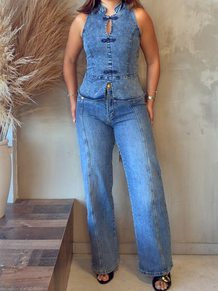Mandarin Denim Blouse