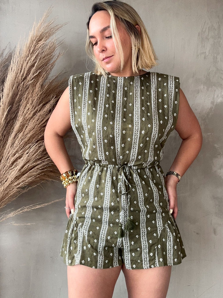 Olive Shoulder Pads Romper