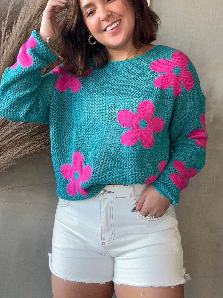 Becca Teal Crochet Sweater