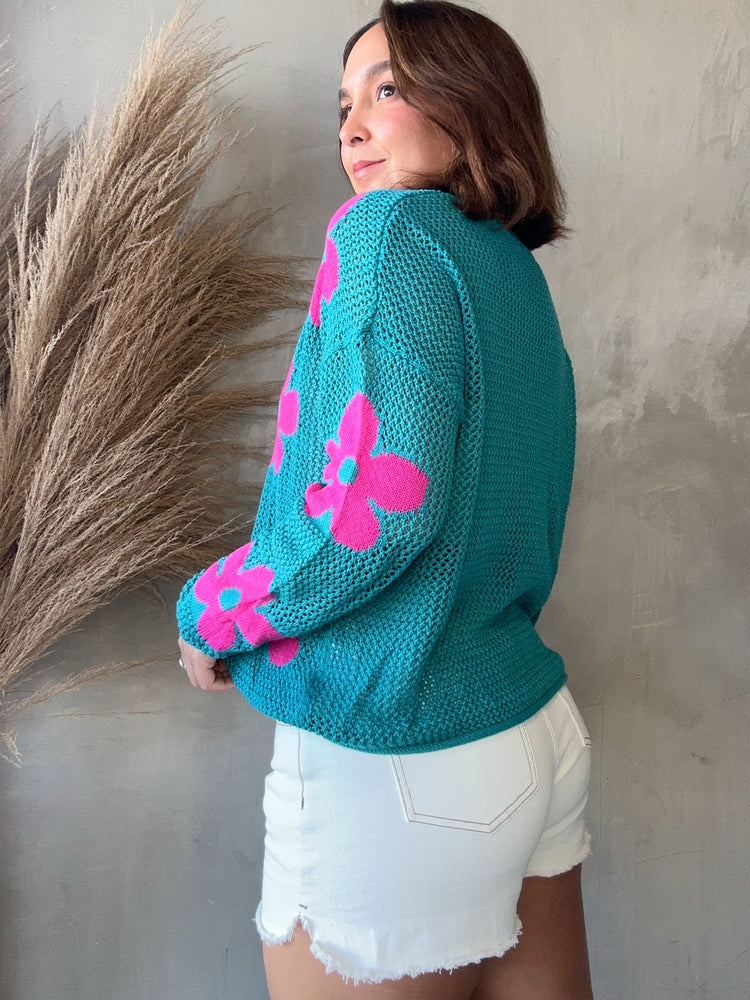 Becca Teal Crochet Sweater