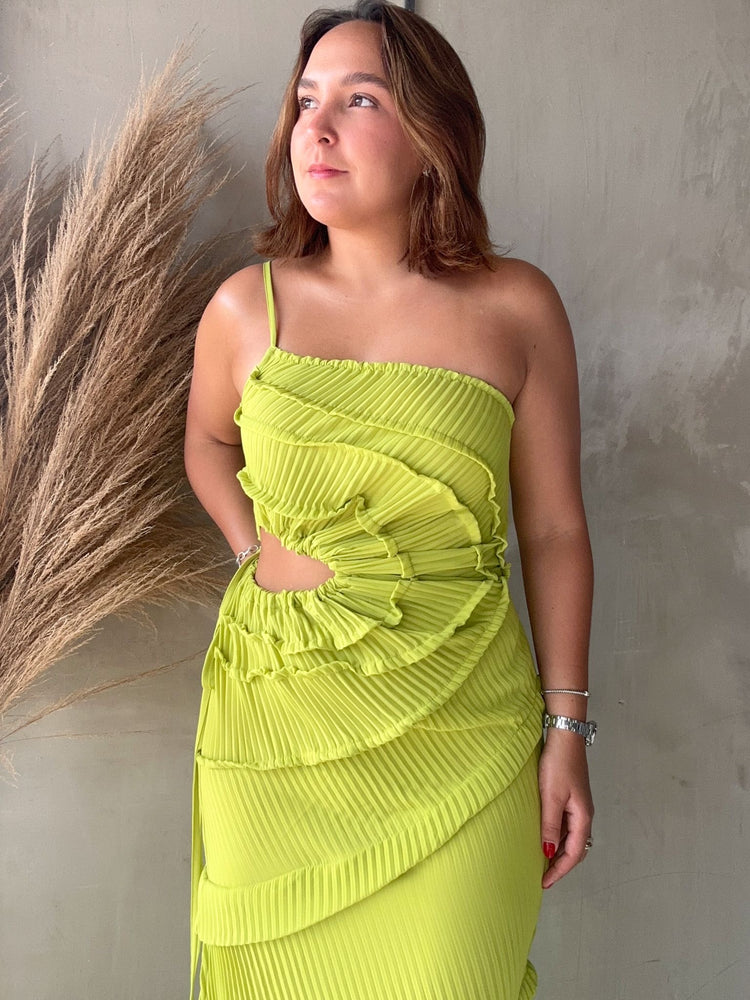 Martina Lime Pleated Dress